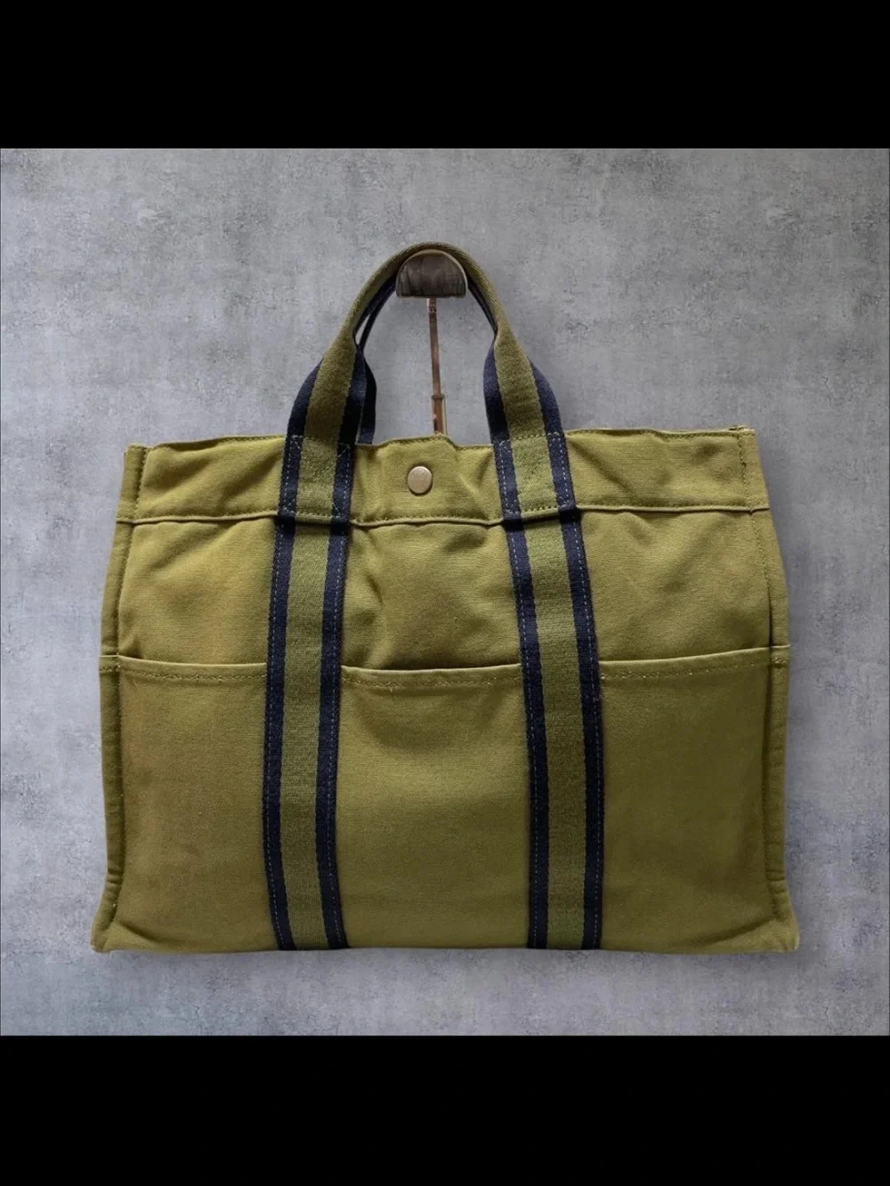 Hermes Olive Green Canvas Tote with Navy Stripe Handles